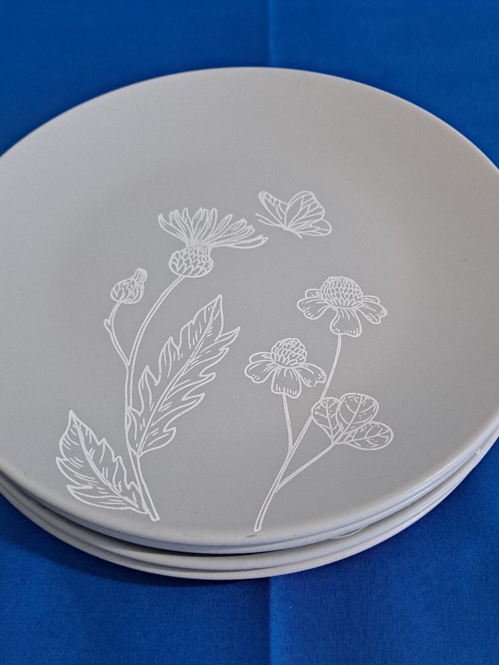 Set 4 Royal Norfolk GRAY w/FLOWERS 7 1/2" Salad PLATES Floral Butterfly White